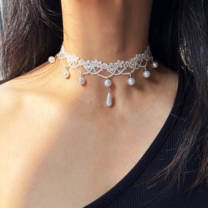 Floral Lace Choker, Dainty Lace Collar, Retro Pearl Charm Lace Choker, Victorian Choker, Necklace Gifts for Woman Girl Teen, Adjustable image 2