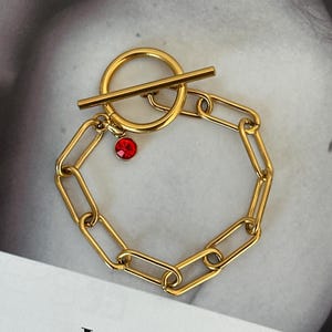 May include: Gold-coloured bracelet with a chain link design and a toggle clasp. A small, round, red gemstone charm hangs from the chain. The bracelet is displayed on a neutral background.