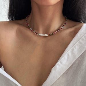 Dainty Rainbow Gem Necklace with Freshwater Pearl Charm, Colorful Gemstone Beaded Necklace, Everyday Minimalist, Cute Layering Necklace