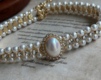 Victorian Pearl Choker, 3 Strands Pearl Necklace with Rhinestones, Multilayer Pearl Statement Necklace, Luxury Bridal Pearl Choker Necklace