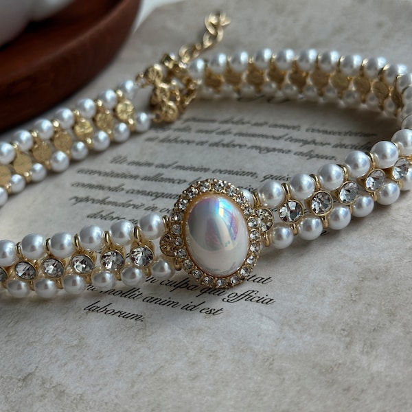 Victorian Pearl Choker, 3 Strands Pearl Necklace with Rhinestones, Multilayer Pearl Statement Necklace, Luxury Bridal Pearl Choker Necklace