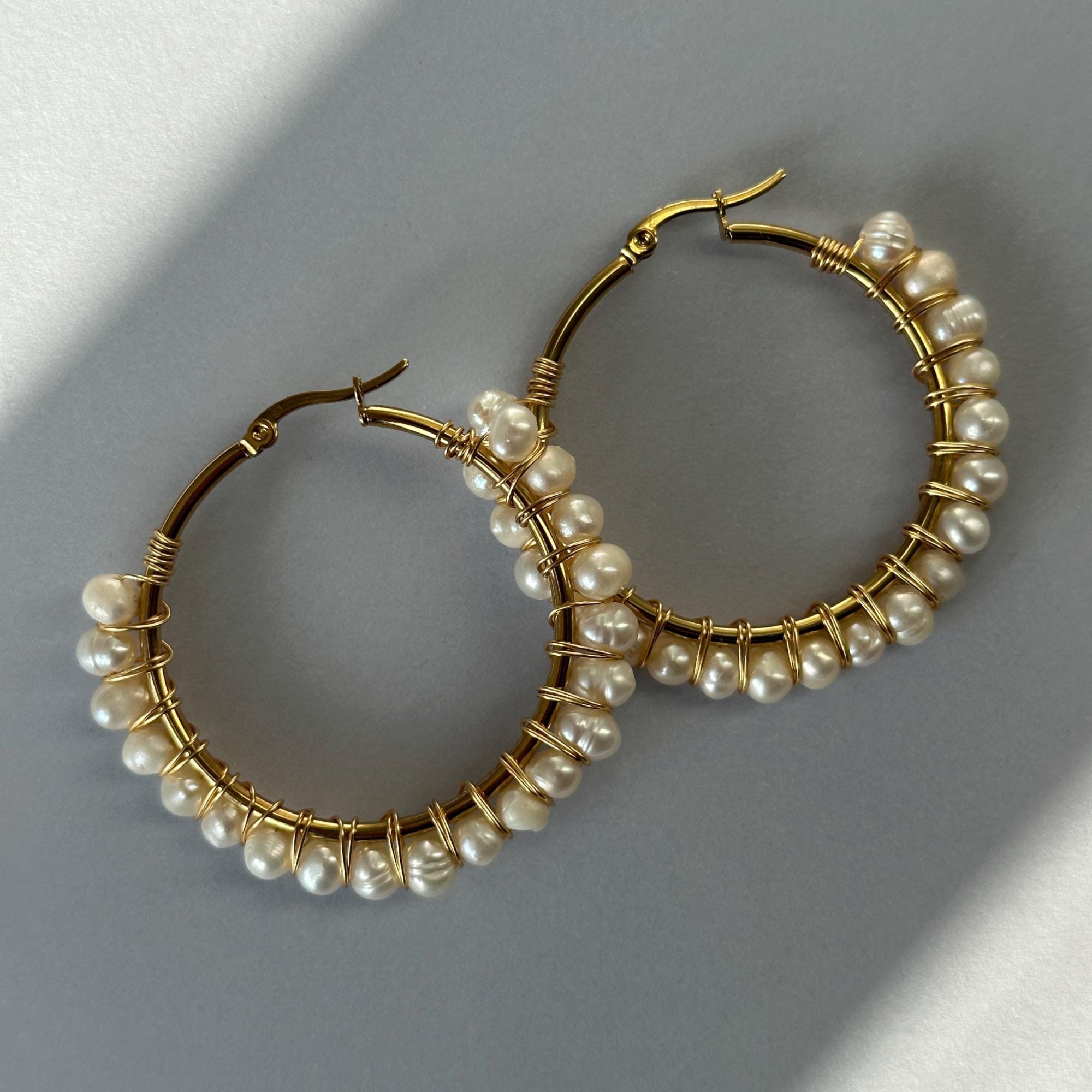 Large Pearl Hoop Earrings, Chunky White Pearl Hoops, Freshwater Pearl Earrings, Hand Wired Earring Hoops, Bridal Earrings, Bold Statement