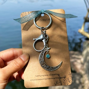 Crescent Moon Keychain, Silver Keychain with Birthstone Charm, Birthday Gift Idea for a Friend, Personalised Gift for Him, Moon Bag Charm