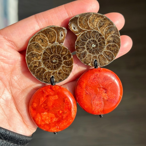 Statement Ammonite Earrings with Red Sea Willow • Boho Shell Fossil Earrings • One-of-a-Kind • Unique Jewelry