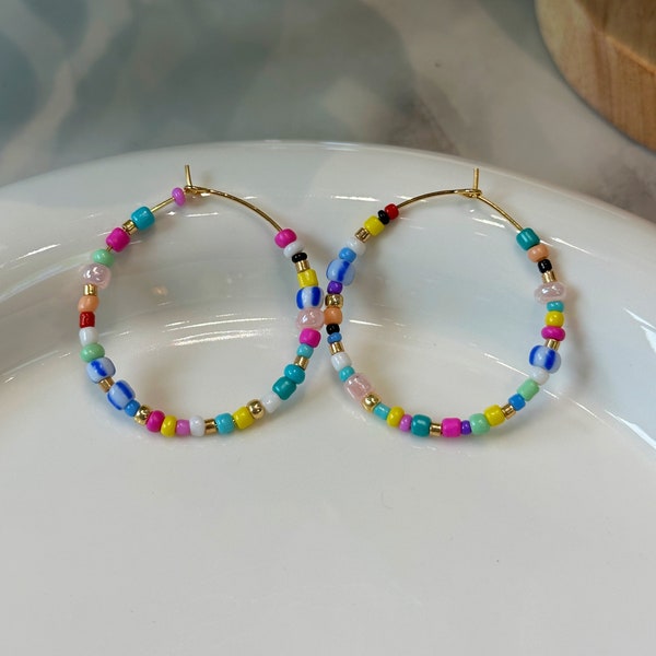 Colorful Beaded Hoop Earrings, Bohemian Earrings, Seed Bead Earrings, Dainty Earrings, Gifts for Her ( Vibrant and Eye-Catching )