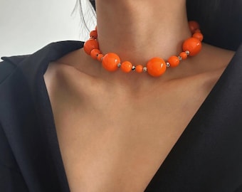 Vibrant Orange Bubble Gum Necklace with Unique Dalmatian Jasper, Statement Gumball Bead Necklace, Summer Colorful Choker, Chunky Jewelry