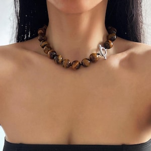 Chunky Tiger Eye Necklace, Genuine Tiger Eye Statement Necklace, 16mm Big Gemstone Necklace, Hand Knotted Necklace, Everyday Minimalist