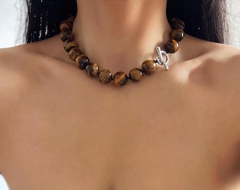 Hand Knotted Chunky Tiger Eye Necklace • Genuine Gemstone Necklace • Unisex Statement Jewelry