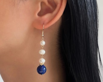 Natural Lapis Lazuli and Pearl Earrings • Vintage Style Everyday Earrings