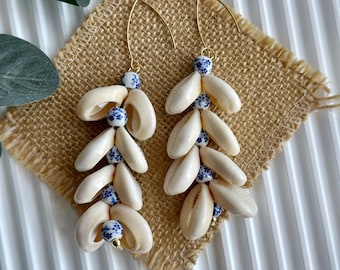 Beach Vibes Chunky Shell Earrings, Hand Woven Cowrie Shell Earrings, Sea Shell Dangle Earrings, Boho Blue Floral Earrings, Shell Jewelry
