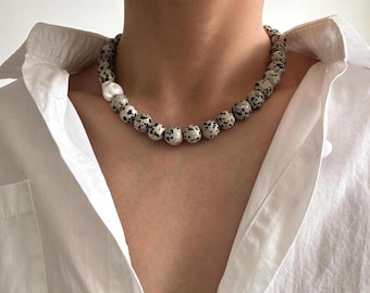 Chunky Dalmatian Jasper Necklace • Baroque Pearl Accent • Unique Gifts for Her