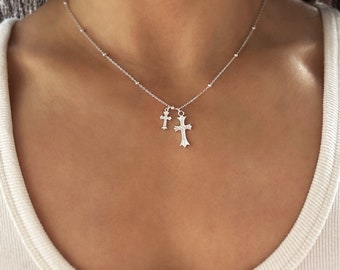 Double Cross Necklace, Sterling Silver Pendant Cross Necklace with Shiny Zirconia Stones, Dainty Necklace, Cute Necklace Gift for Her