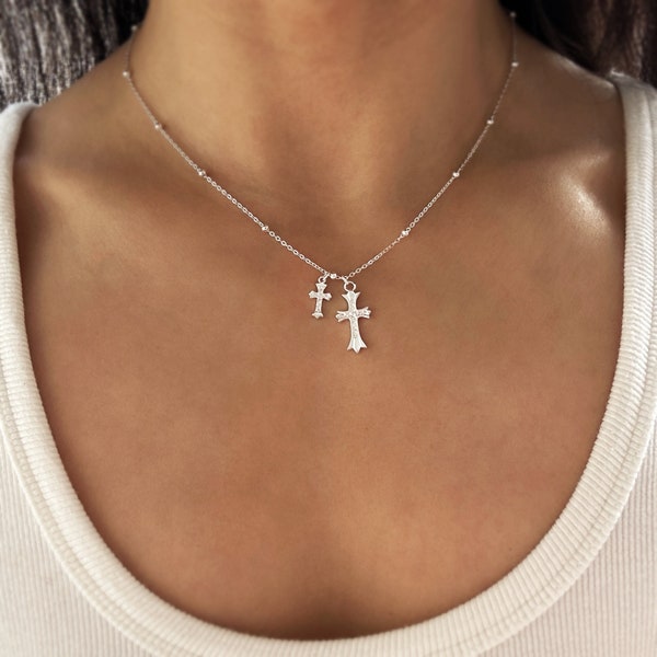 Double Cross Necklace, Sterling Silver Pendant Cross Necklace with Shiny Zirconia Stones, Dainty Necklace, Cute Necklace Gift for Her
