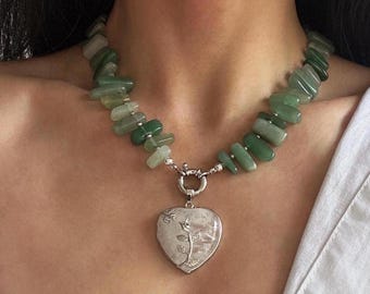 Chunky Green Aventurine Bar Bib Necklace, Bold Statement Fan Shape Necklace with Large Crystal Heart Pendant, Multi Way Gemstone Necklace