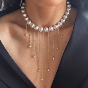 Vintage Style Pearl Tassel Necklace, Statement Pearl Fringe Necklace, White Pearl Bridal Necklace, Elegant Pearl Choker, Wedding Necklace