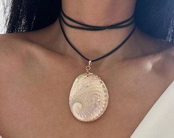 Boho Chic Seashell Choker • Large Sea Shell Pendant with Adjustable Cord • Real Shell Jewelry