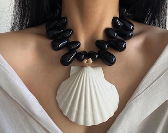 Black and White Seashell Statement Necklace • Boho Summer Jewelry