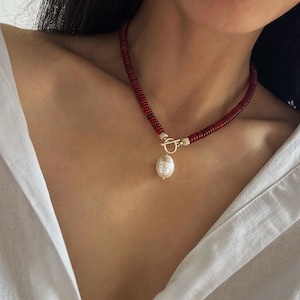 Natural Red Carnelian Necklace with Pearl Pendant • Healing Stone Beaded Choker • Genuine Gemstone Jewelry