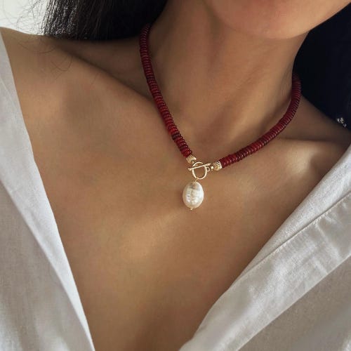 Natural Red Carnelian Necklace with Pearl Pendant • Healing Stone Beaded Choker • Genuine Gemstone Jewelry