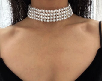 Elagant Pearl Statement Necklace, 4 Row Pearl Choker, Vintage Style Beaded Choker, Bridal Pearl Choker Necklace, Stunning Layered Choker