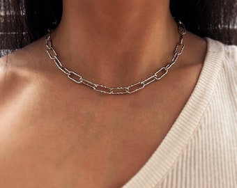 Minimalist Link Chain Necklace, Silver Link Necklace, Dainty Chain Choker Necklace, Stainless Steel Necklace, Delicate Layering Necklaces