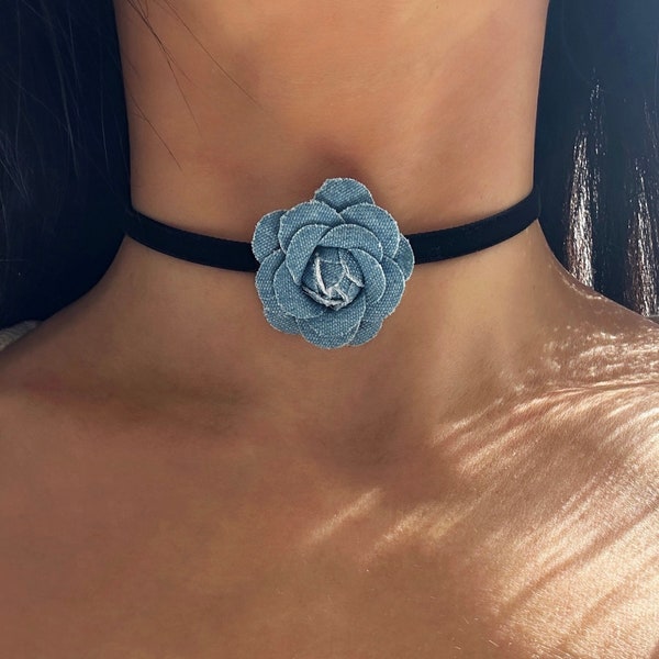 Denim Rose Choker, Vintage Style Rosette Choker Necklace, Flower Necklace, Romantic Floral Necklace, Ribbon Choker, Gifts for Her