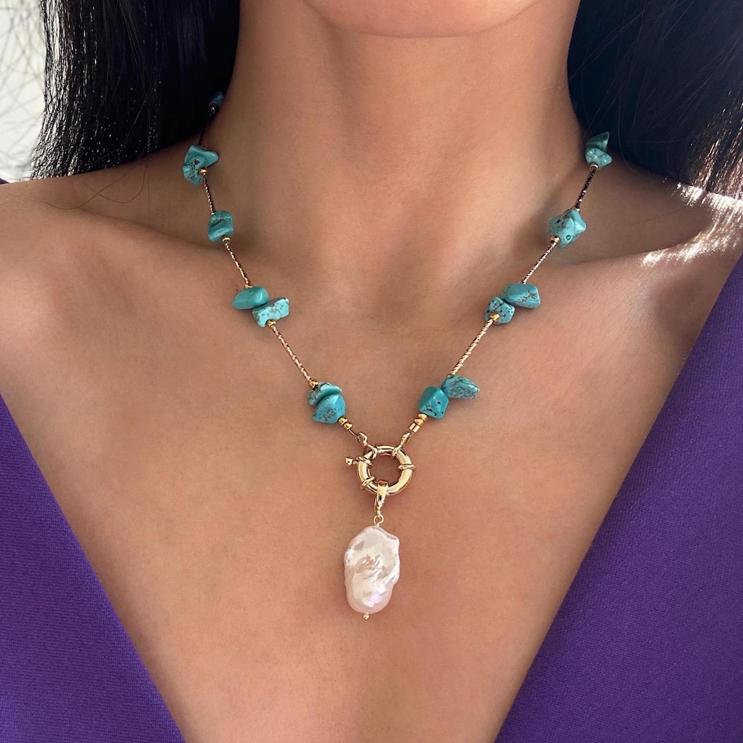 3 in 1 Baroque Pearl Pendant Necklace, Turquoise Tone Gem Necklace ...