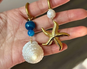 Bold Statement Real Shell Earrings, Starfish Earrings with Real Pearl Charm, Bridal Earrings, Beach Wedding, Mismatched Earrings for Summer