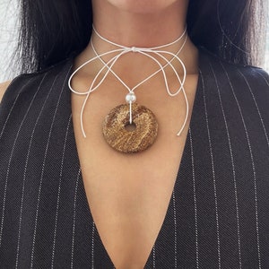 Picture Jasper Statement Choker, Multi Way Natural Gemstone Cord Necklace, Boho Chic Donut Choker Necklace with Pearl Charm, One of a Kind