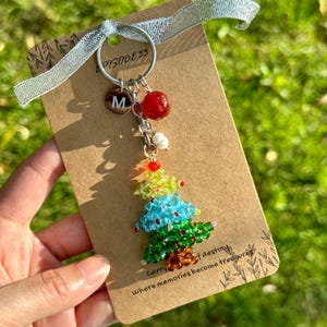 Dazzling Christmas Tree Keychain, Natural Red Carnelian Stone, Real Pearl Charm, Initial Tag, Festive Xmas Tree Bag Charm, Holiday Gifts