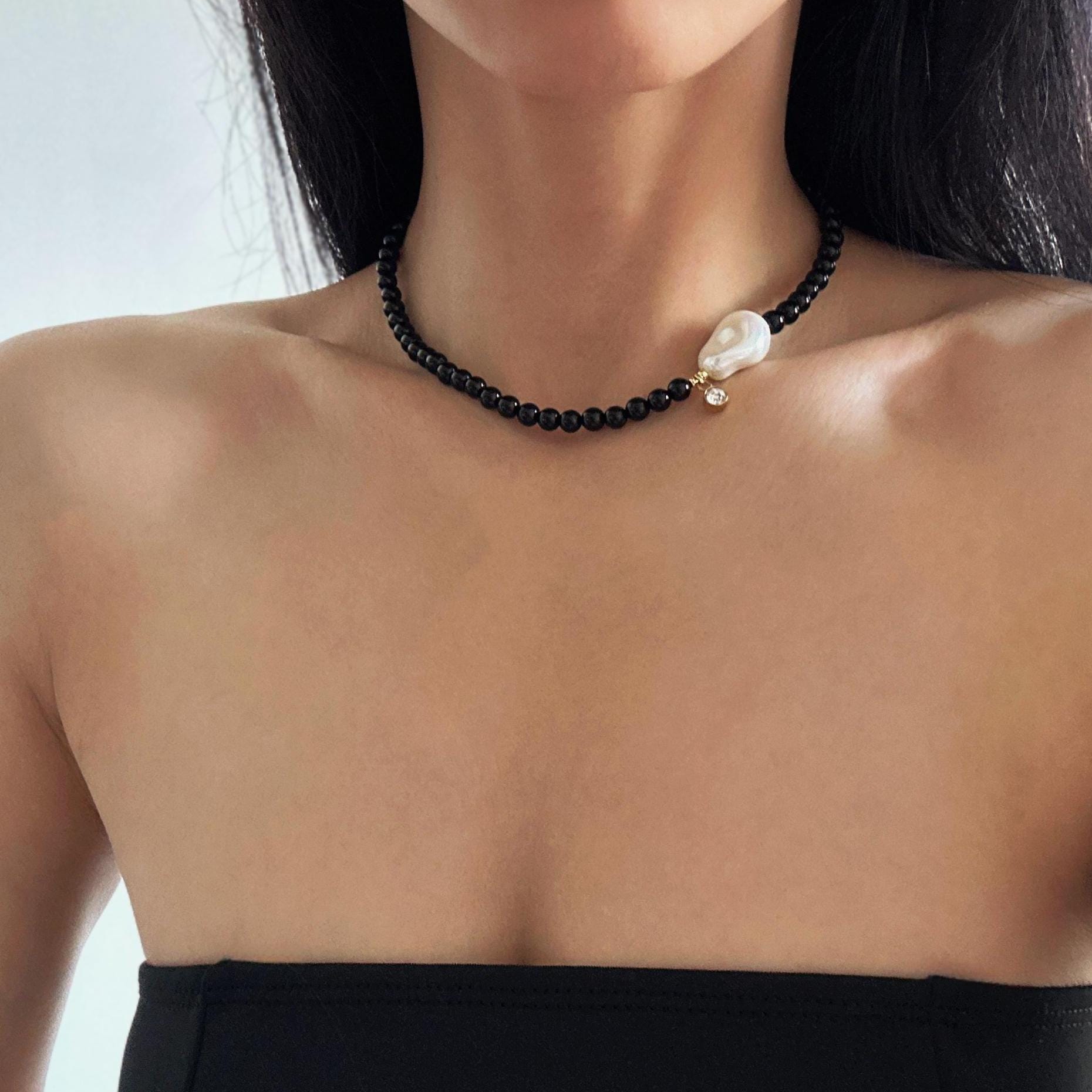 Natural Black Agate Necklace with Large Baroque Pearl, AAAAA Grade Black Gemstone Beaded Choker Necklace, Black Empath Protection Necklace