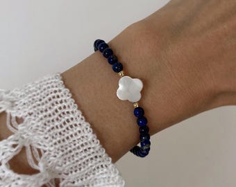 クローバーチャーム付きラピスラズリブレスレット・ブルーストーンビーズブレスレット・天然クリスタルジュエリー