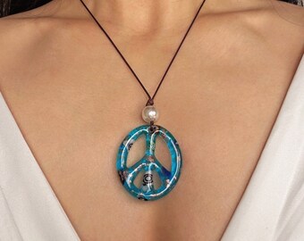 Peace Sign Cord Necklace, Stunning Blue Glass Pendant Necklace, Peace Symbol Dainty Choker, Trendy String Necklace for Summer, Gifts for Her