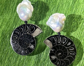 Earthly Luxe Ammonite Fossil & Baroque Pearl Earrings • Ancient Ocean Earrings • Unique Timeless Jewelry