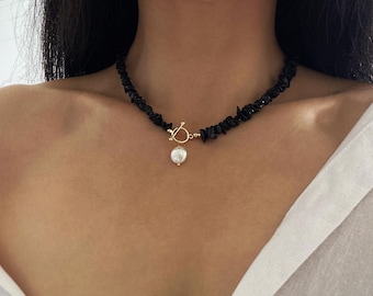 Natural Black Tourmaline Necklace with Freshwater Baroque Pearl, Black Gemstone Beaded Choker Necklace, Unisex Empath Protection Necklace