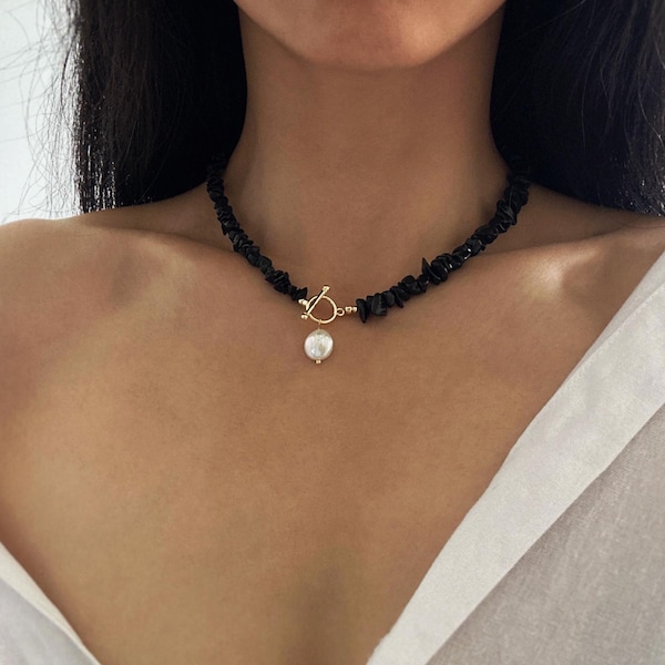 Black Tourmaline Necklace with Real Baroque Pearl • Gemstone and Pearl Choker • Unisex Healing Jewelry