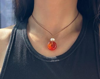 Red Carnelian Cord Necklace with Pearl Charm • Genuine Carnelian Jewelry • Energy & Creativity