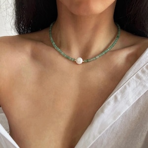 Minimalist Green Aventurine Necklace, Natural Green Stone Beaded Choker Necklace, Gem & Baroque Pearl Choker, Dainty Gem Jewelry