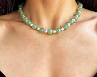 Aventurine Beaded Necklace Choker, Elegant Gemstone Necklace, Green Quartz Necklace with Pearl, Crystal Beaded Choker, Mothers Day Gifts