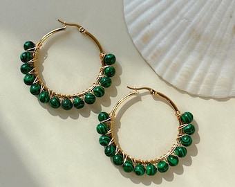 Faux Malachite Hoop Earrings, Hand Wired Green Stone Earring Hoops, Minimalist Large Earrings,  Synthetic Malachite Stone, Green Jewelry