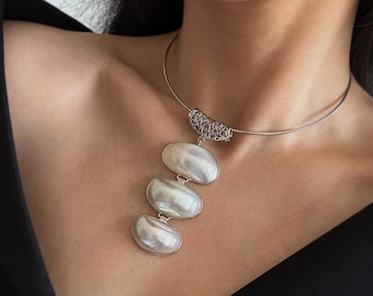 Triple Seashell Pendant Necklace • White Shell Collar Necklace • Minimalist Luxury