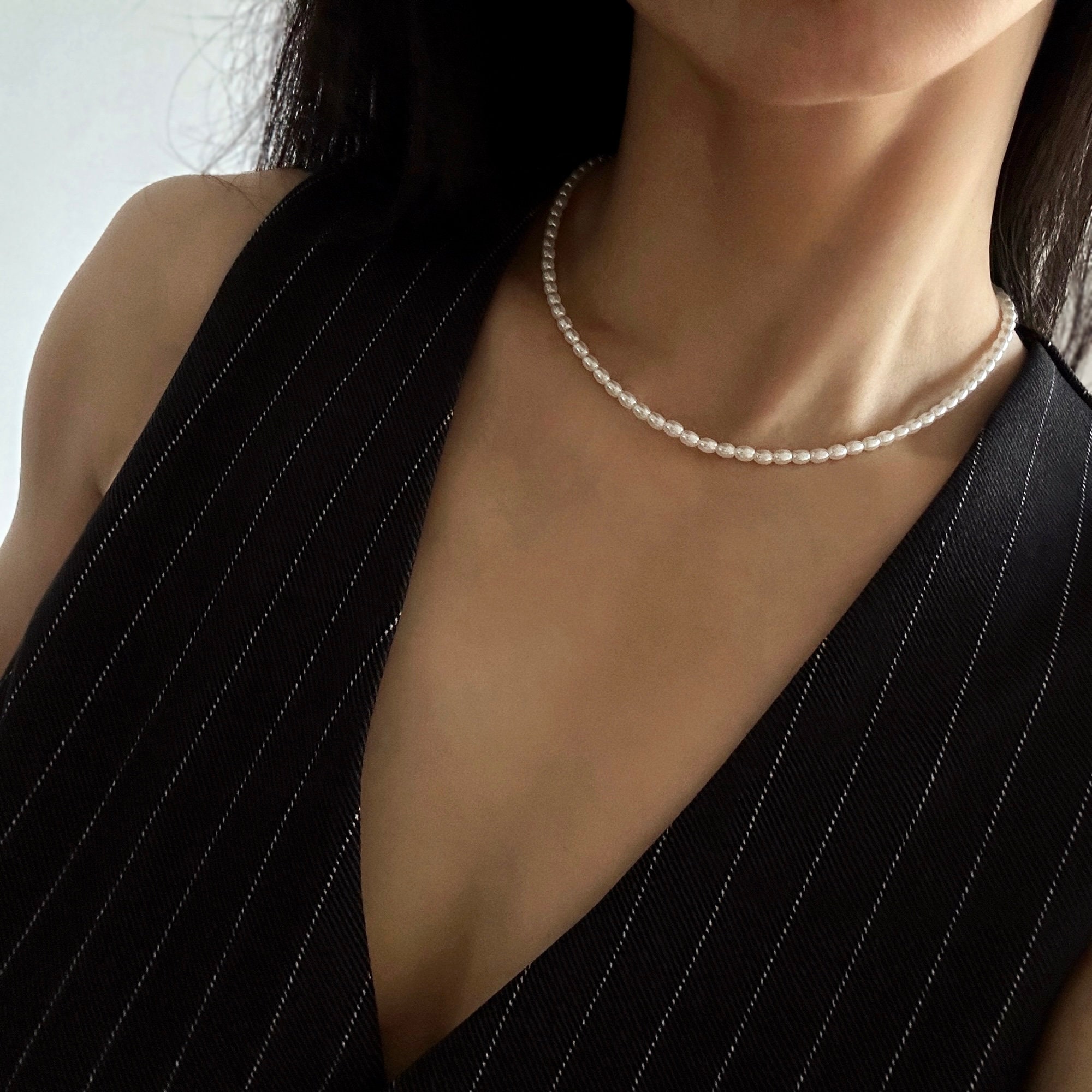 Pretty Natural 9-10mm Black Freshwater Real Pearl Rice Beads Necklace 14-48 Pretty Natural 9-10mm Black Freshwater Real Pearl Rice Beads Necklace 14-48