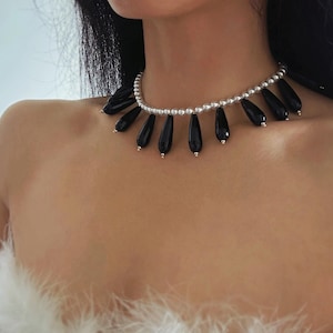 Large Black and White Water Drop Necklace, Elegant Pearl Beaded Necklace, Bold Wedding Necklace, Bridal Necklace, Anniversary Gifts