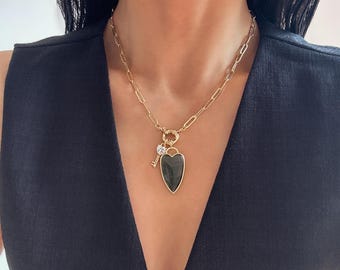 Multi-Way Labradorite Heart Necklace, Dainty Puffy Heart Necklace, Dazzling Heart Key Necklace, Everyday Necklace