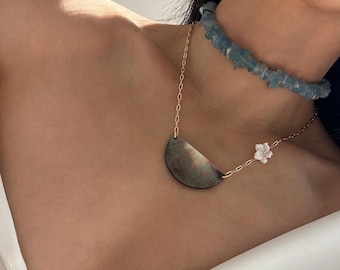 Boho Half Moon Necklace • Black Mother of Pearl Semi Circle Necklace • Seashell Jewelry