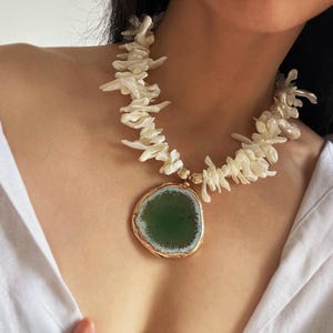 thumbnail image 2 of 18" Green Agate Pendant Necklace – 5-Strand White Pearl & Green Crystal Chain 2 of 4