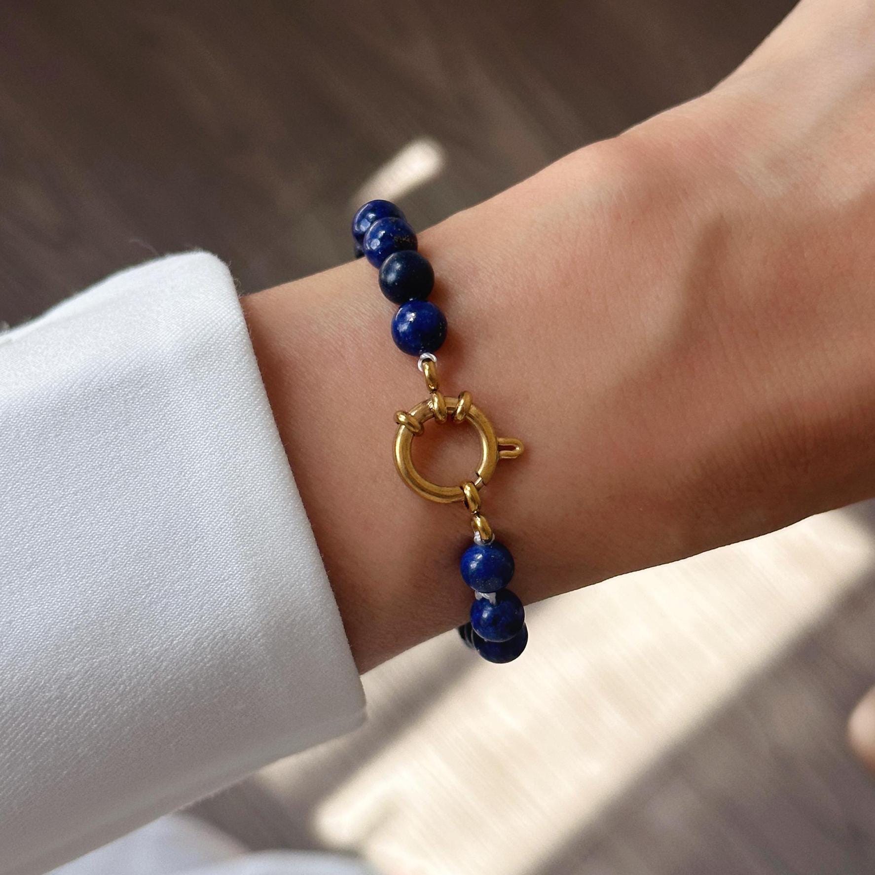 Bracciale In Lapislazzuli Con Perle D'acqua Dolce-bracciale In Oro-bracciale Blu-pietra Portafortuna Di Settembre-gioielli In Lapislazzuli-bracciale In Lapislazzuli - Italia - Foto 9