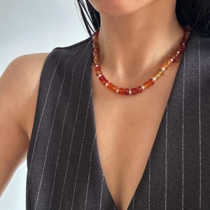 Dainty Red Carnelian Choker Necklace with White Pearl, Bamboo Shaped Tube Beads Red Gem Necklace, Everyday Minimalist, Perfect Gifts for Her