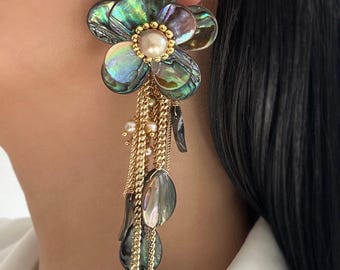 Mutige Statement Blumenohrringe • Große Blumenohrringe • Abalone Muschel und Süßwasserperlen • Retro Vintage Stil