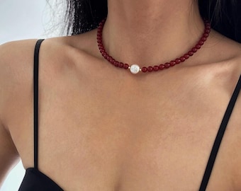 Minimalist Red Carnelian Necklace with Freshwater Pearl Charm, Dainty Carnelian Choker,  Ruby Red Gemstone Beaded Necklace, Red Gem Jewelry
